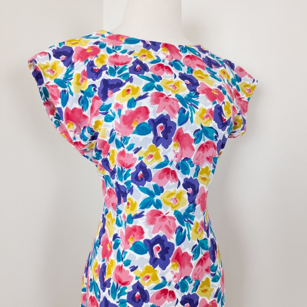 Vintage Floral Mini Dress Open Back Short Sleeve Dollman Fitted Tight Pencil - Picture 4 of 11